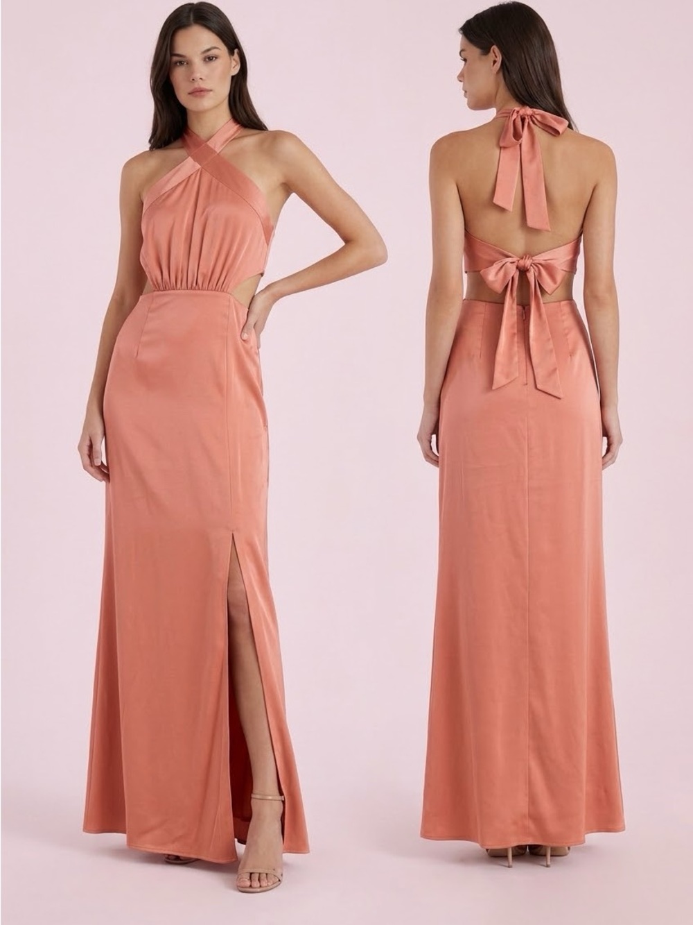 NWT MINKPINK Cross Halter Cutout Maxi Dress Rose Gold Peach Small
